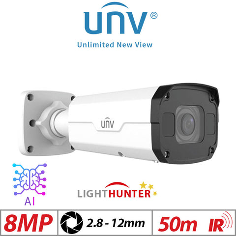Uniview 8MP LightHunter Bullet Camera AI 2-Way Audio 2.8–12mm