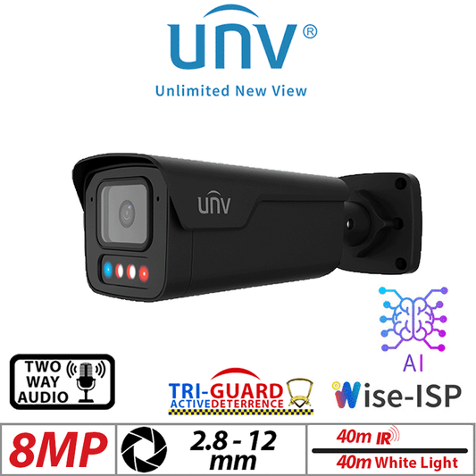 Uniview 8MP Tri-Guard 3.0 Bullet Camera AI Motorized 2.8–12mm Black