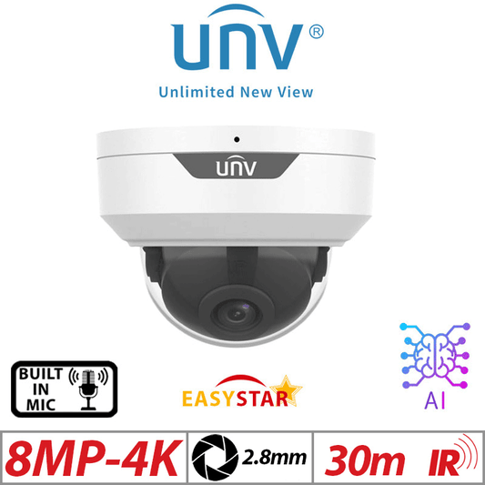 Uniview 8MP Vandal-Proof Dome IP Camera IR Mic 2.8mm IPC328LE