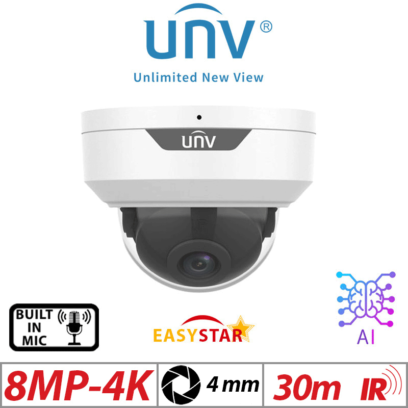 Uniview 8MP Vandal-Resistant Dome Camera IR Mic 4mm White