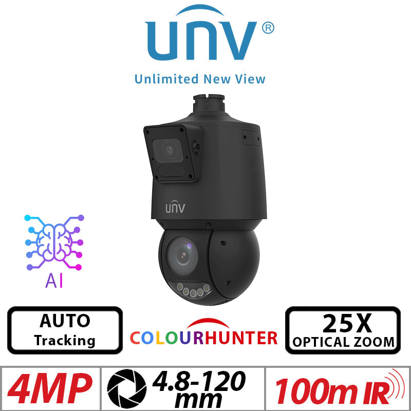 Uniview 2×4MP PTZ ColorHunter Camera 25X Zoom AI Auto-Tracking Black