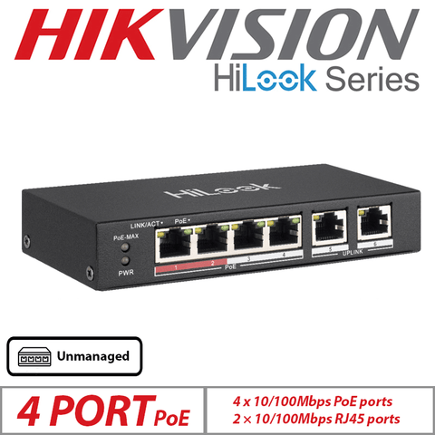 Hikvision HiLook 6-Port Fast Unmanaged PoE Switch – 4 PoE + 2 Uplink