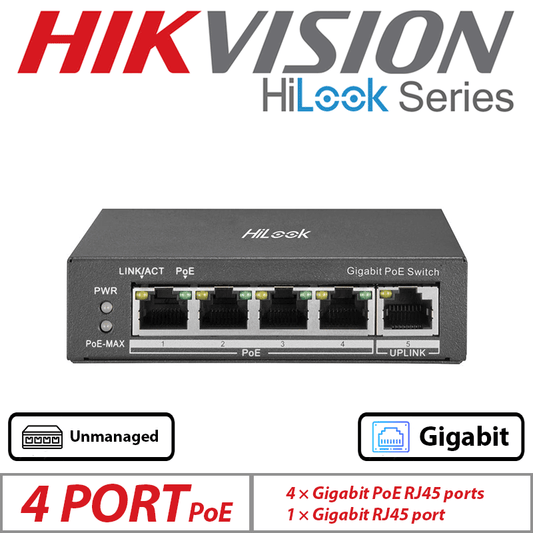 Hikvision HiLook 5-Port Unmanaged PoE Switch – 4 PoE + 1 Uplink
