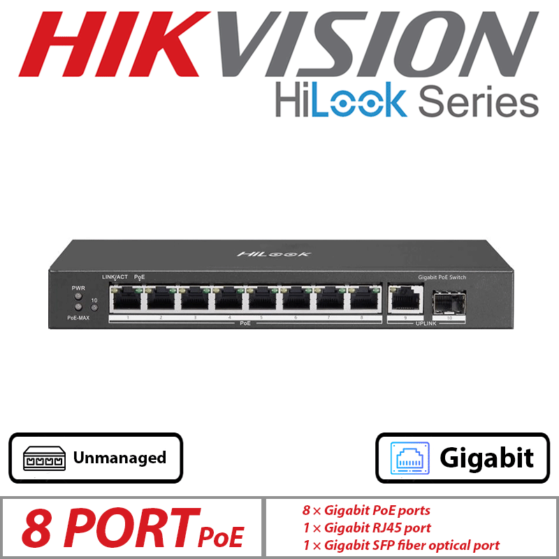 Hikvision HiLook 10-Port Unmanaged PoE Switch – 8 PoE + 2 Uplink