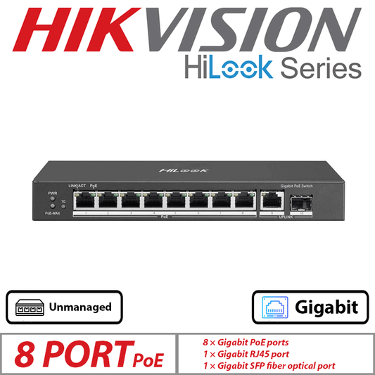 Hikvision HiLook 10-Port Unmanaged PoE Switch – 8 PoE + 2 Uplink