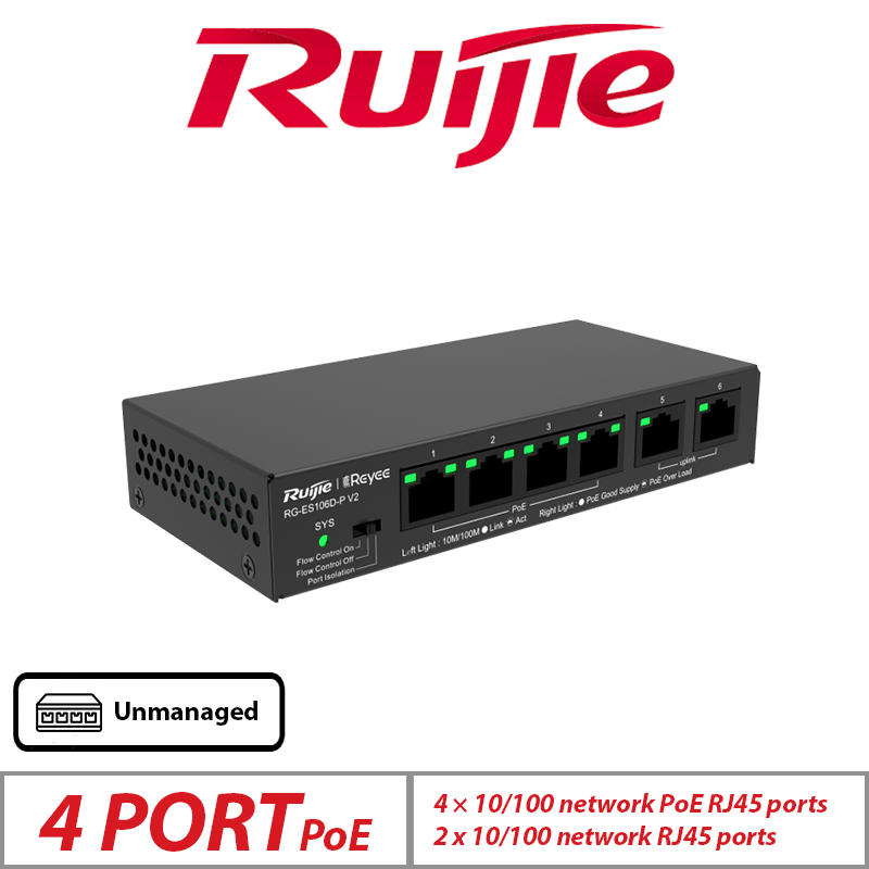 Ruijie 6-Port Unmanaged PoE Switch – 4 PoE + 2 Uplink Desktop