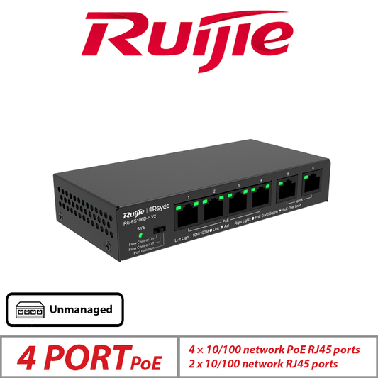 Ruijie 6-Port Unmanaged PoE Switch – 4 PoE + 2 Uplink Desktop