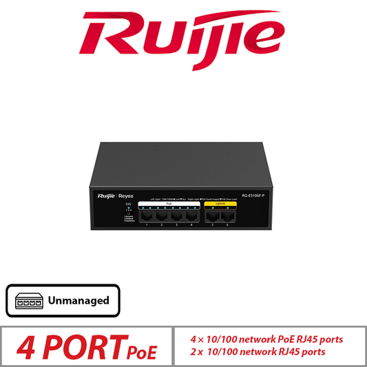 Ruijie 6-Port Unmanaged PoE Switch – 4 PoE + 2 Uplink 10/100Mbps