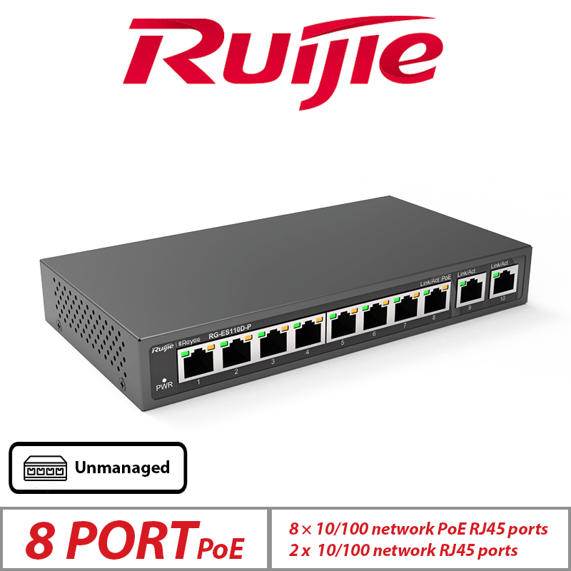 Ruijie 10-Port Desktop Unmanaged PoE Switch – 8 PoE + 2 Uplink