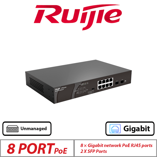 Ruijie 10-Port Gigabit Unmanaged PoE Switch – 8 PoE + 2 SFP