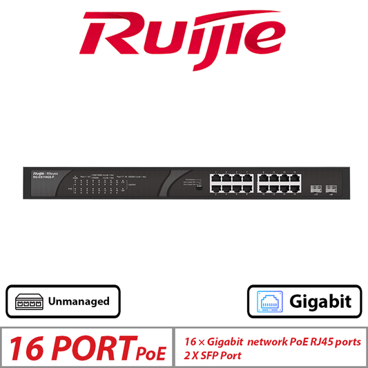 Ruijie 18-Port Unmanaged PoE Switch – 16 PoE + 2 SFP Uplink