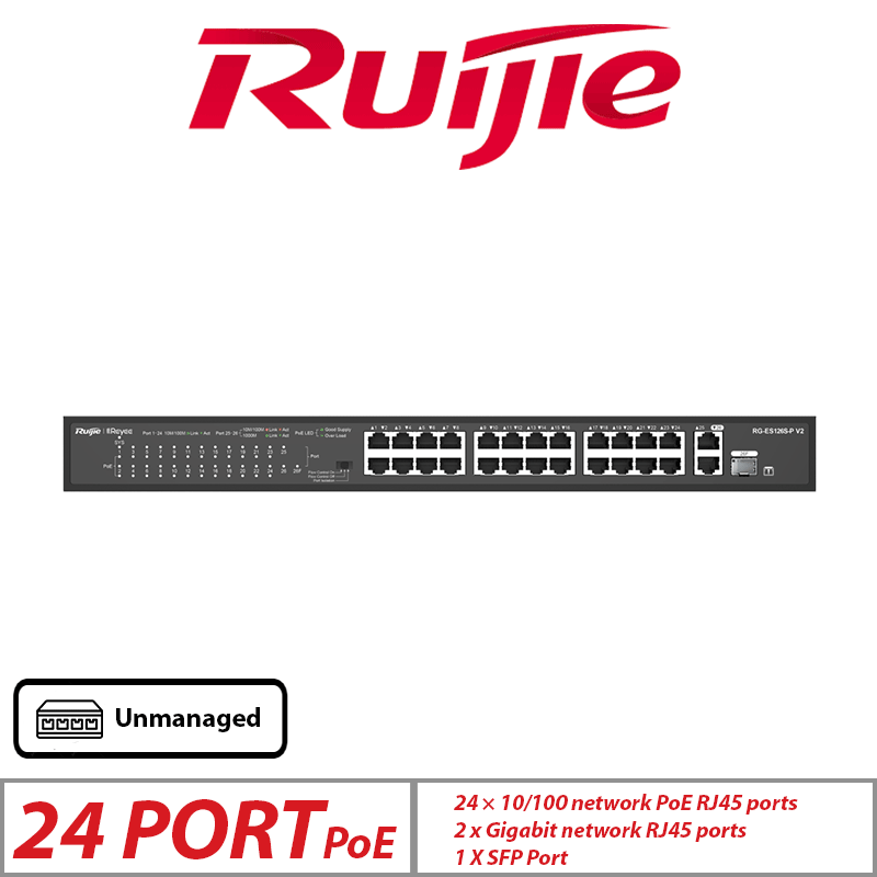 Ruijie 26-Port Unmanaged PoE Rackmount Switch – 24 PoE + 2 Uplink