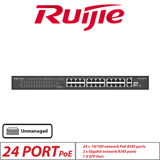 Ruijie 26-Port Unmanaged PoE Rackmount Switch – 24 PoE + 2 Uplink