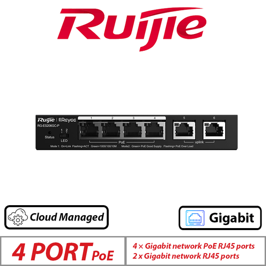 Ruijie 6-Port Smart Cloud Managed PoE Switch – 4 PoE + 2 Uplink
