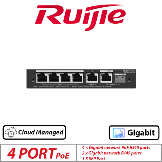 Ruijie 6-Port Smart Cloud Managed PoE Switch – 4 PoE + 2 Uplink