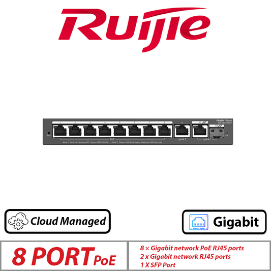 Ruijie 10-Port Smart Cloud Managed PoE Switch – 8 PoE + 2 Uplink