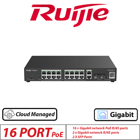 Ruijie 20-Port Smart PoE Switch – 16 PoE + 2 LAN + 2 SFP Uplink