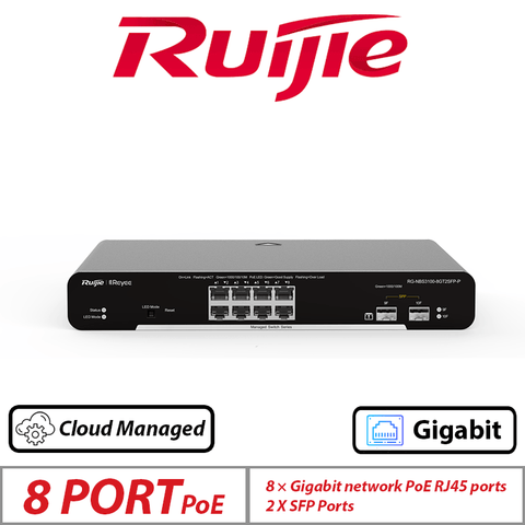 Ruijie 10-Port L2 Cloud Managed PoE Switch – 8 PoE + 2 SFP Uplink