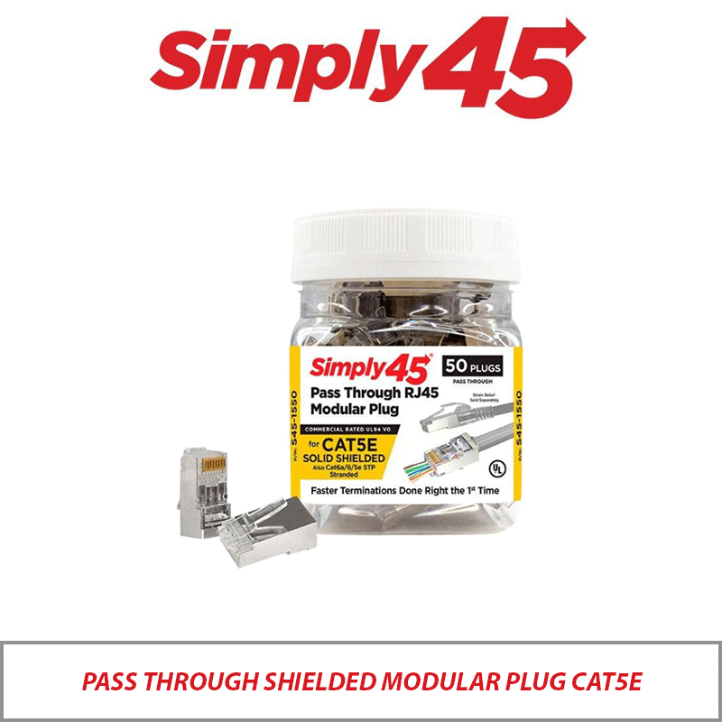 Simply45 Pass-Through Shielded Modular Plug Cat5e STP 50-Piece Jar S45-1550