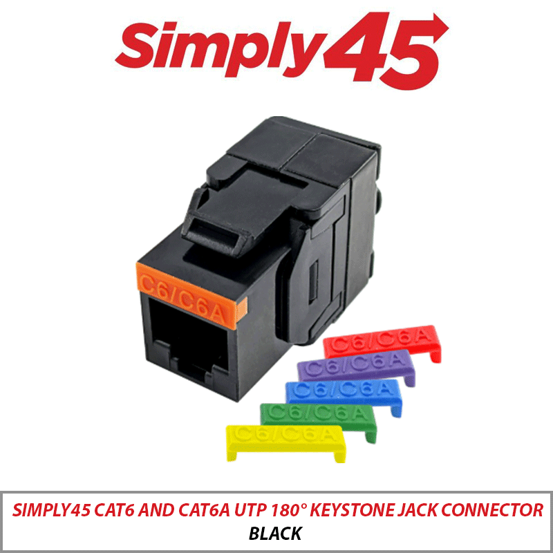 Simply45 Cat6/Cat6A UTP 180° Keystone Jack Connector Black S45-3600