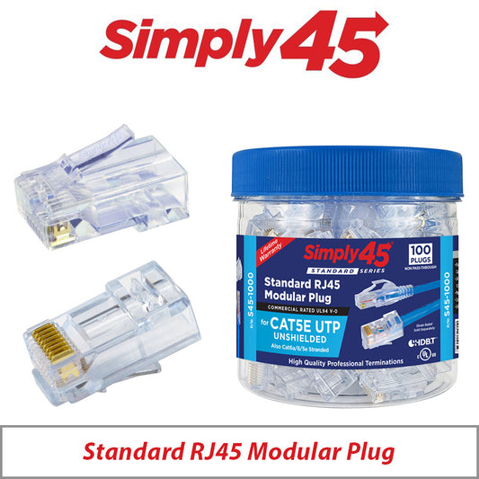 Simply45 Standard Cat5e/Cat6 UTP RJ45 Modular Plugs Blue 100-Piece Jar