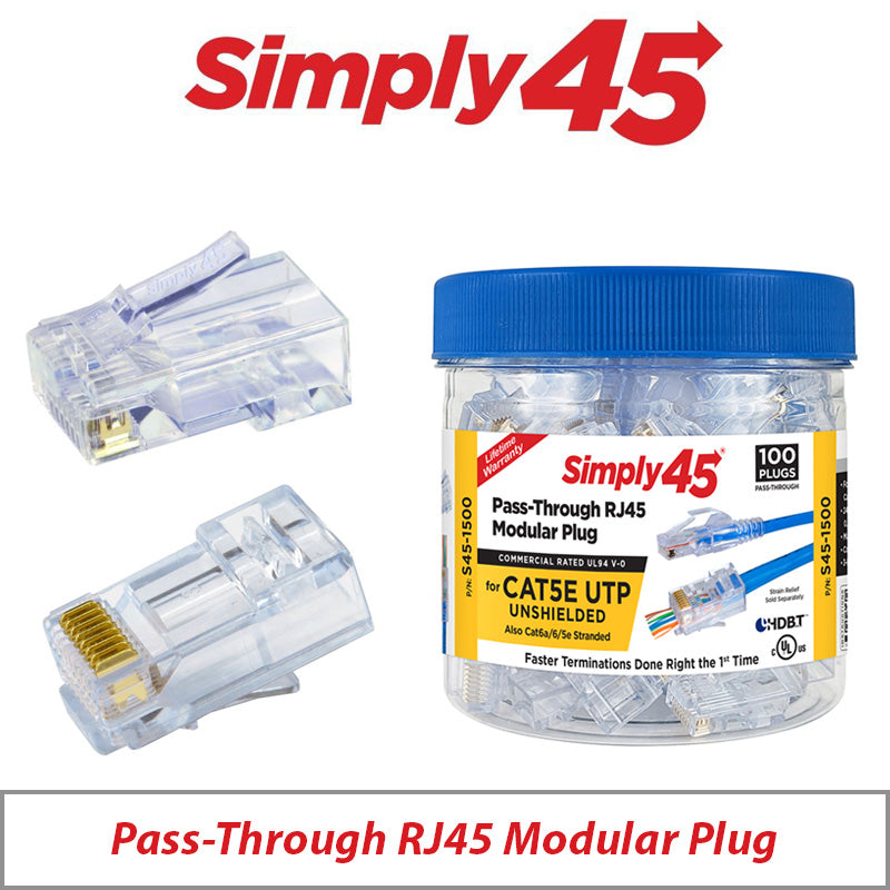 SIMPLY45 PASS THROUGH MODULAR PLUG CAT5E UTP, BLUE TINT - 100 PIECE JAR