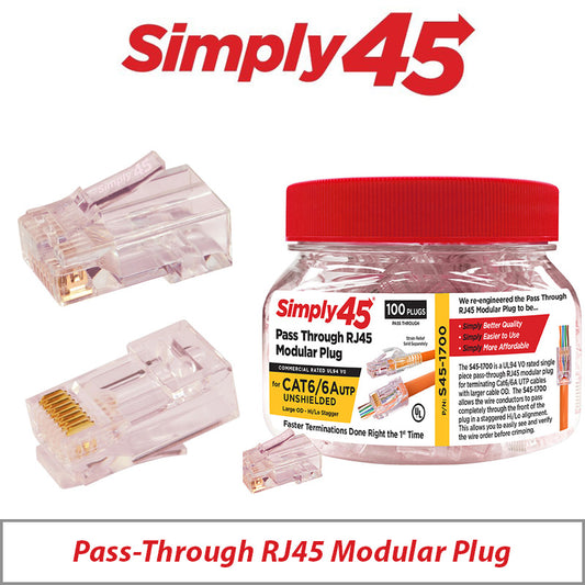 Simply45 Pass-Through Hi/Lo Stagger Cat6/6A UTP Plugs Red 100-Piece
