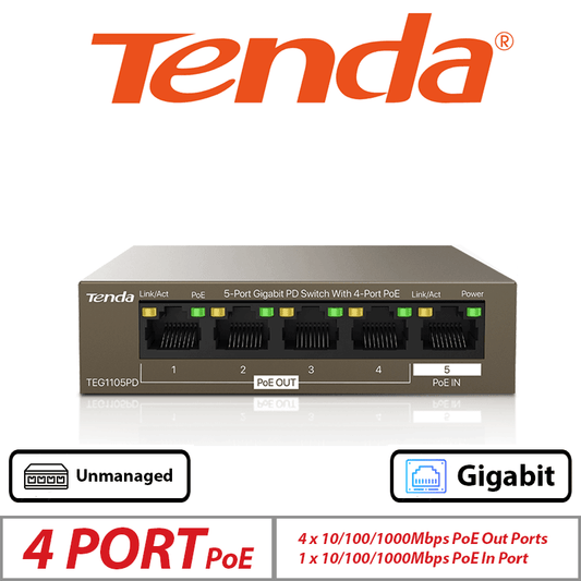 Tenda 4-Port PoE Out + 1 PoE In Switch No Power Supply