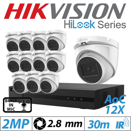 2MP 16CH HiLook 12x Dome Outdoor AOC Mic Camera 2.8mm White