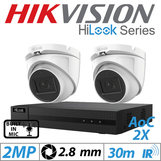 Hikvision 2MP 4CH HiLook Kit 2x Dome Outdoor AOC Cameras Mic