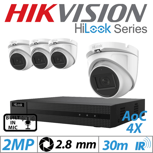 Hikvision 2MP 4CH HiLook Kit 4x Dome Outdoor AOC Cameras Mic