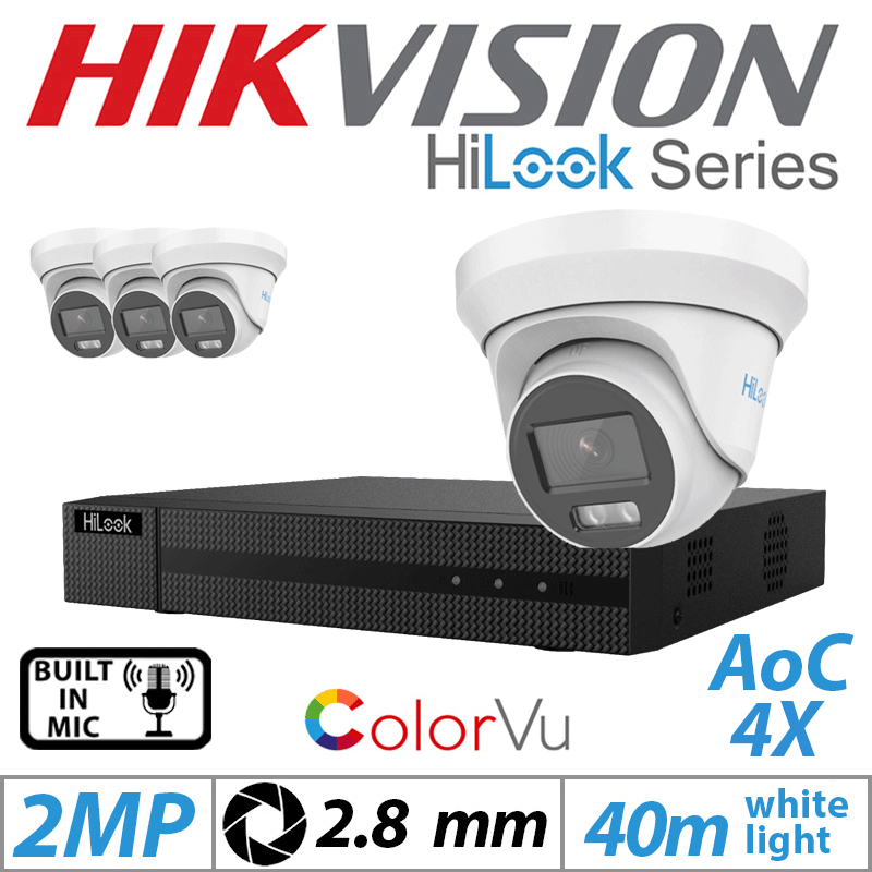 Hikvision 2MP 4CH HiLook Kit 4x Dome Outdoor ColorVu AOC 2.8mm