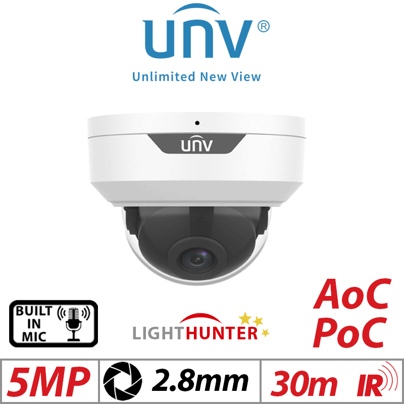 Uniview 5MP Dome Cam – Lighthunter, Mic, PoC, 2.8mm White