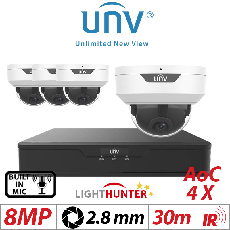 Uniview 8MP 8CH Kit 4x Lighthunter Dome Cameras Mic 2.8mm
