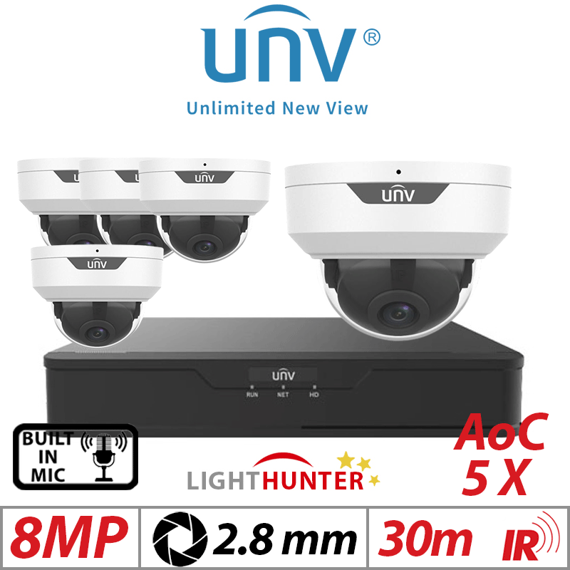 Uniview 8MP 8CH Kit 5x Lighthunter Dome Cameras Mic 2.8mm White
