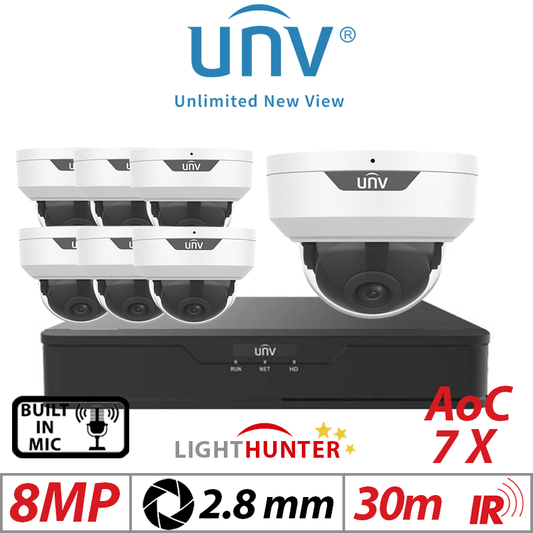 Uniview 8MP 8CH Kit 7x Lighthunter Dome Cameras Mic 2.8mm White