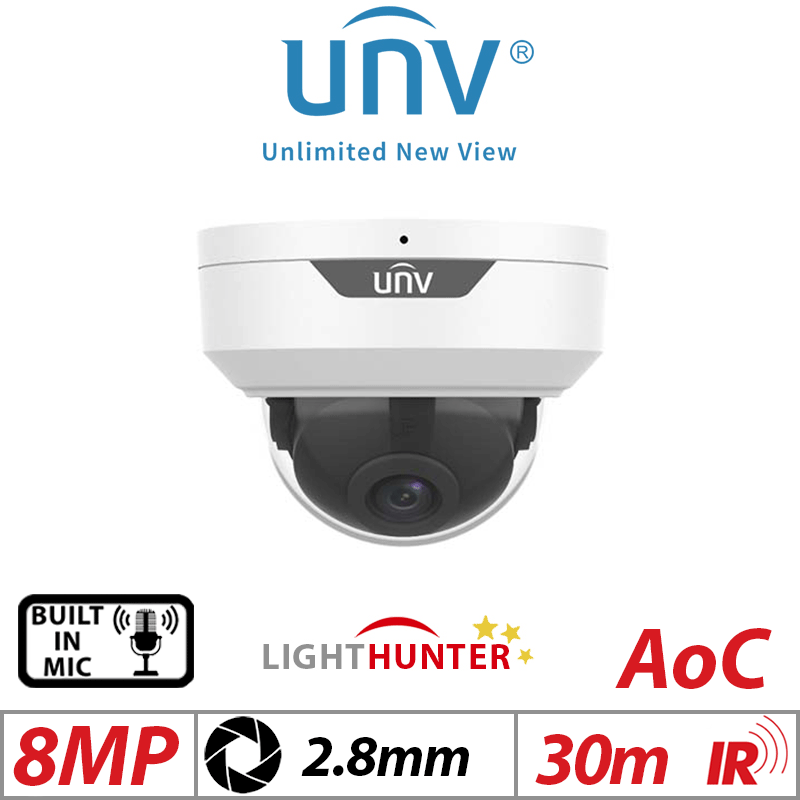 Uniview 8MP Lighthunter Dome Camera – Fixed Mic 2.8mm White