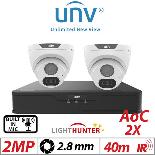 Uniview 2MP 4CH Kit 2x LightHunter Turret Cameras Mic