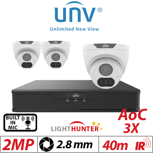 Uniview 2MP 4CH Kit 3x LightHunter Turret Cameras Mic White