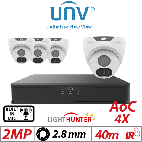 Uniview 2MP 8CH Kit 4x LightHunter Turret Cameras Mic