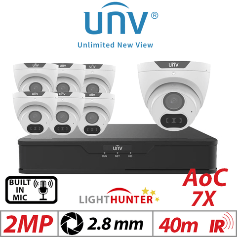 Uniview 2MP 8CH Kit 7x Lighthunter Turret Cameras Mic