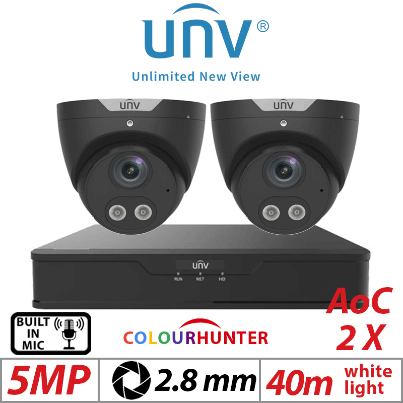 Uniview 5MP 4CH Kit 2x Fixed Turret Analog Cameras 2.8mm Black