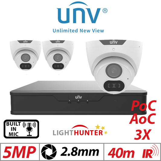 Uniview 5MP 4CH Kit 3x Lighthunter Turret Cameras Mic PoC