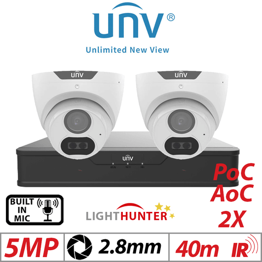 Uniview 5MP 4CH Kit 2x Lighthunter Turret Cameras Mic PoC