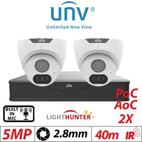 Uniview 5MP 4CH Kit 2x Lighthunter Turret Cameras Mic PoC