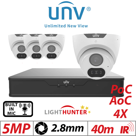 Uniview 5MP 4CH Kit 4x Lighthunter Turret Cameras Mic PoC
