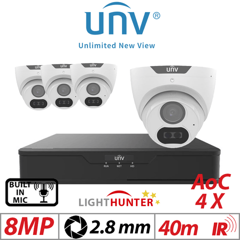 Uniview 8MP 8CH Kit 4x Lighthunter Turret Cameras 2.8mm White