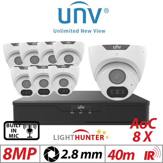 Uniview 8MP 8CH Kit 8x Lighthunter Turret Cameras 2.8mm White