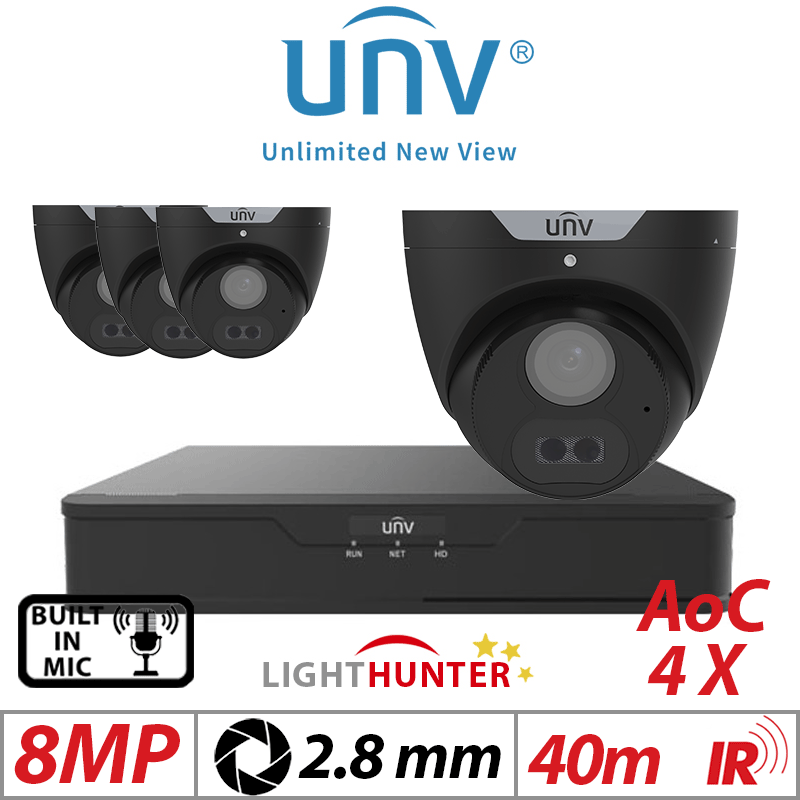 Uniview 8MP 8CH Kit 4x Lighthunter Turret Cameras 2.8mm Black