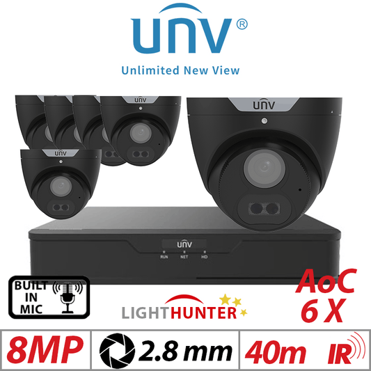 Uniview 8MP 8CH Kit 6x Lighthunter Turret Cameras 2.8mm Black